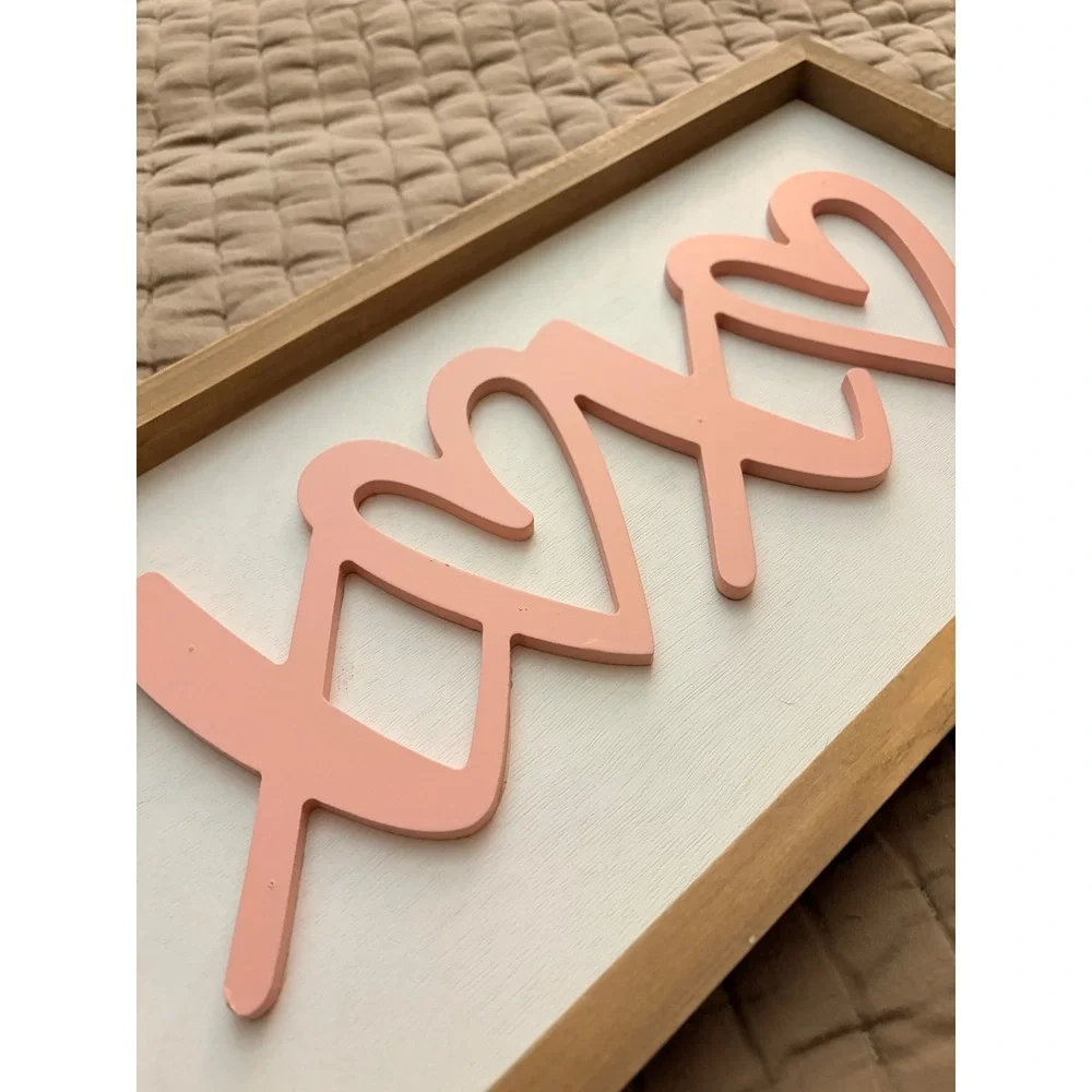 XOXO Heart Wooden Framed Wall Decor Pink White Love 17X9